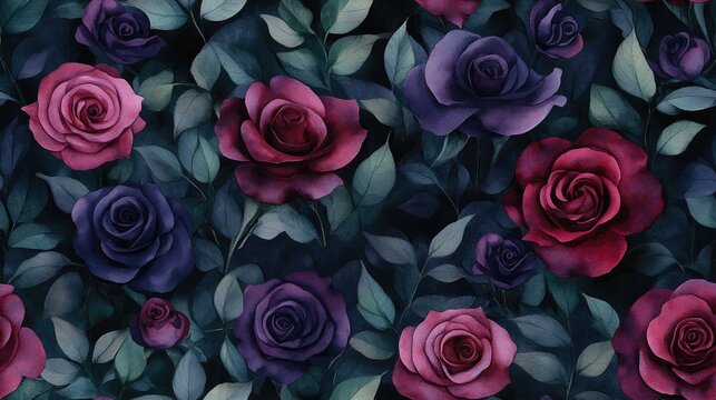 Seamless watercolor pattern featuring a bouquet of maroon and purple roses alongside lush green leaves ideal for wedding invitation designs
