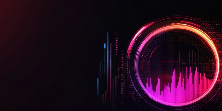 Circular bar chart with futuristic neon details and a glowing digital background, high-tech visuals,