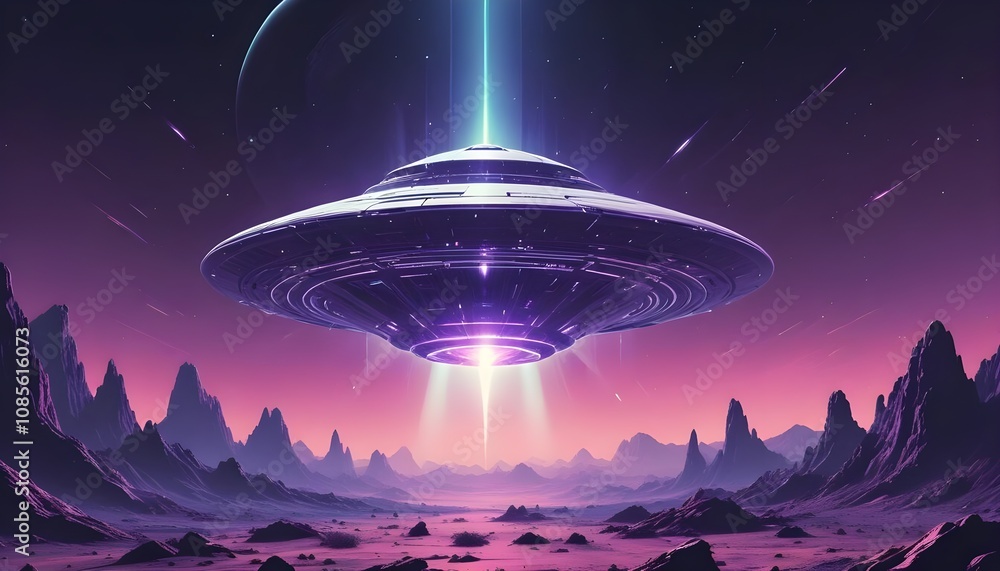 Canvas Prints a mysterious futuristic spacecraft hovers above a distant alien planet its glowing energy core puls
