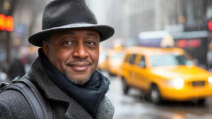 A man enjoying the winter weather stands in a snowy New York City street. He wears a hat and coat,...