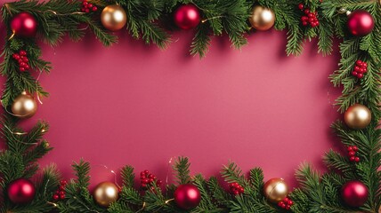 A festive arrangement of red and gold ornaments with evergreen branches on a pink background for the holiday season