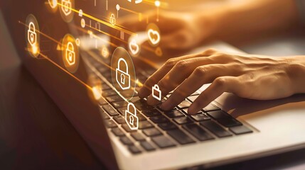 Close-up of hands typing on a laptop with digital lock icons, representing cybersecurity and protection 