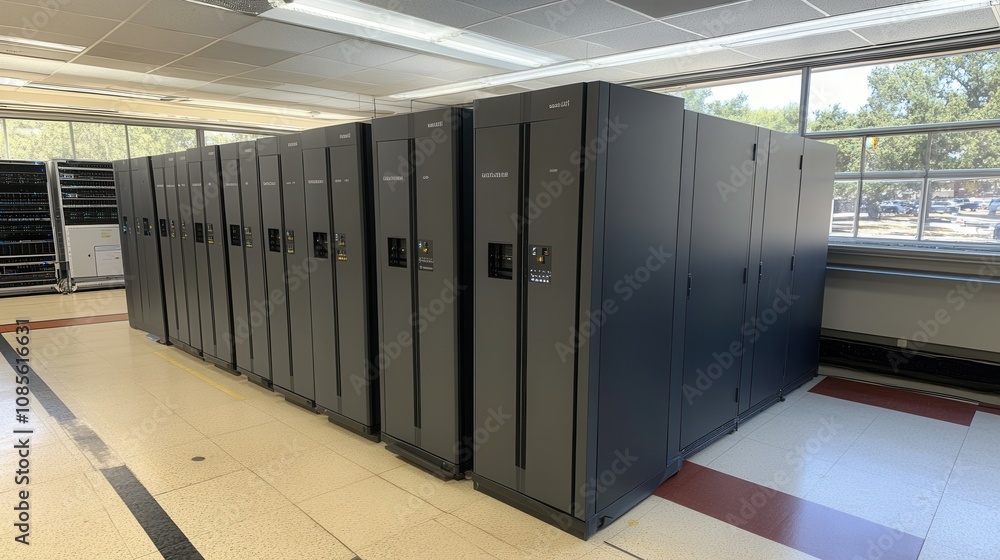 Poster several tall, dark storage racks are lined up neatly in a spacious server room illuminated by natura