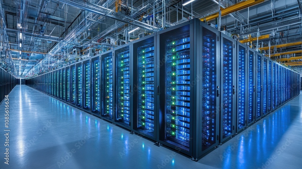 Poster rows of servers are lined up in a modern data center, illuminated by blue and green lights. the high