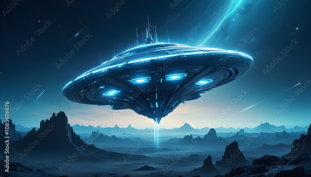 Canvas Prints a mysterious futuristic spacecraft hovers above a distant alien planet its glowing energy core puls