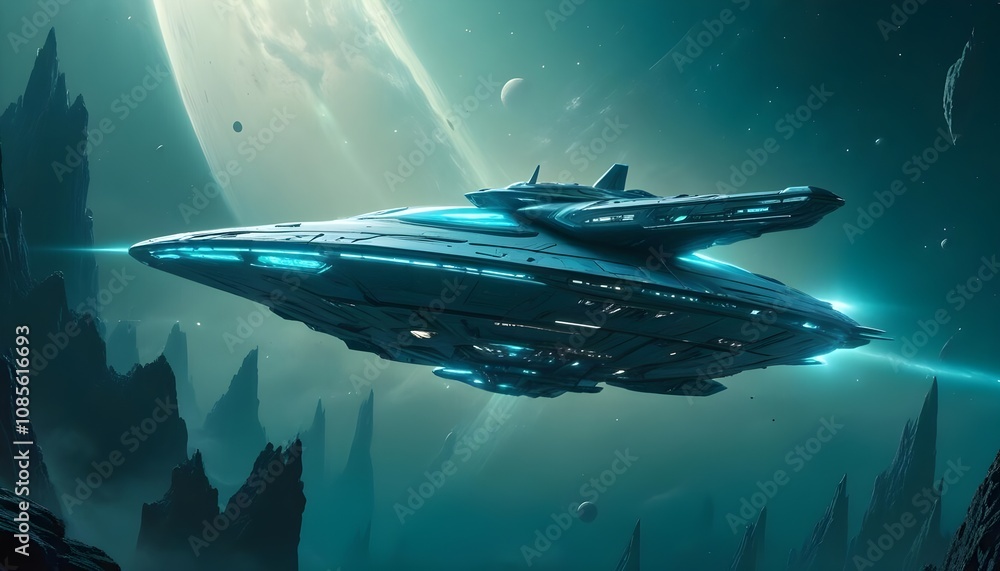 Canvas Prints a mysterious futuristic spacecraft hovers above a distant alien planet its glowing energy core puls