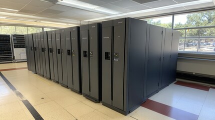 Several tall, dark storage racks are lined up neatly in a spacious server room illuminated by natural light from large windows. The arrangement promotes organization and accessibility