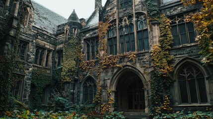 Fototapeta premium Old Gothic Revival University Building with Ivy