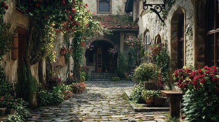 Naklejka premium Charming Old European Courtyard with Cobblestone Paths