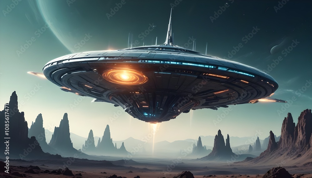 Canvas Prints a mysterious futuristic spacecraft hovers above a distant alien planet its glowing energy core puls