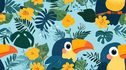 Cute baby toucan perched on a vine surrounded by tropical foliage ideal for baby shower decorations children s cards and playful room decor