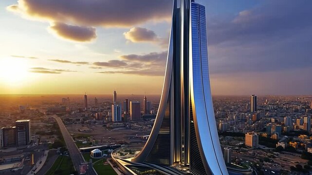 A city skyline with a tall building in the middle