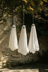 Three white ghost figures hang from a tree branch near a stone wall, creating an eerie yet charming Halloween scene.