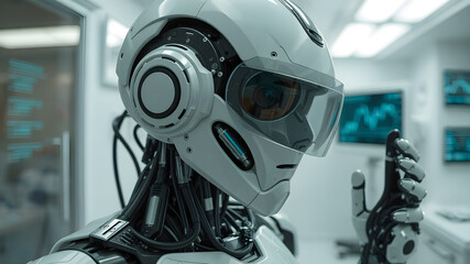 Fototapeta premium AI robot analyzing medical data in a lab. Details of circuitry on its body and reflections in a clean, futuristic room.