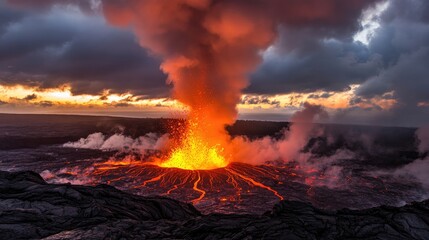 Majestic Eruption of a Volcano at Dusk with Fiery Lava and Dramatic Clouds Illuminating the Scenic Landscape in a Spectacular Display of Nature's Power