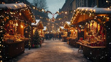 Festive winter market with lights and decorations.