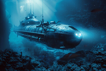 Fototapeta premium Beautiful large bathyscaphe floating in middle of ocean during exploration