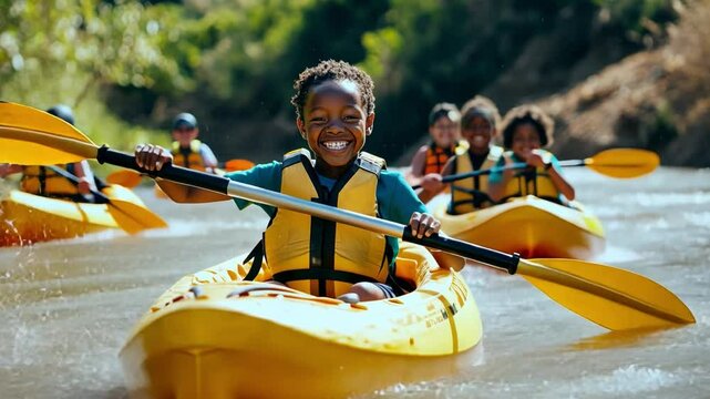 A group of African children are paddling yellow kayaks down a river.