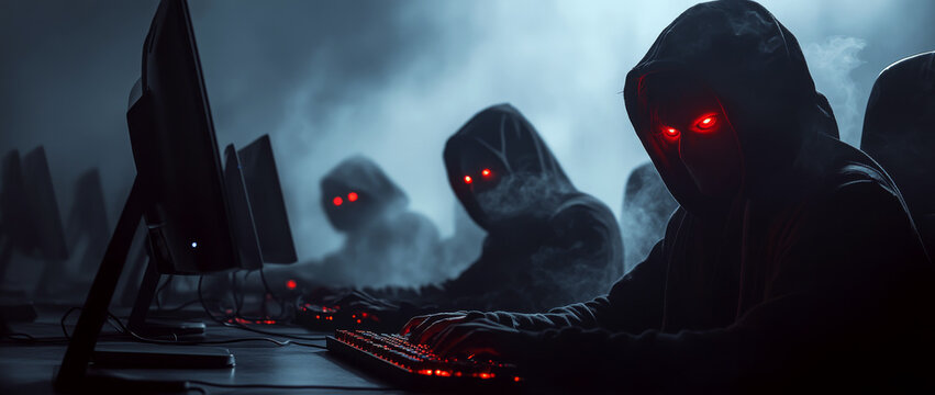 Individuals in dark hoodies with glowing red eyes sit at computer desks in a dimly lit room. Concept of hacking and cybersecurity threats. For articles on cybersecurity