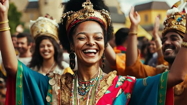 Aafrican woman America smiles in a colorful dress and crown and is surrounded by people