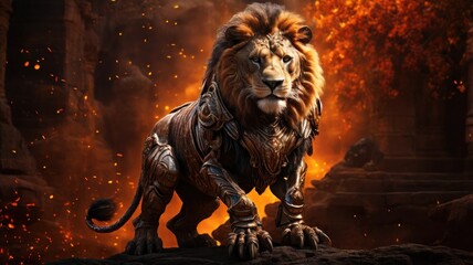 A majestic lion in armor stands in front of a fiery background.