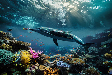 Fototapeta premium Beautiful large bathyscaphe floating in middle of ocean during exploration