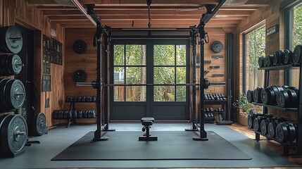 Modern home gym with weights and workout equipment.
