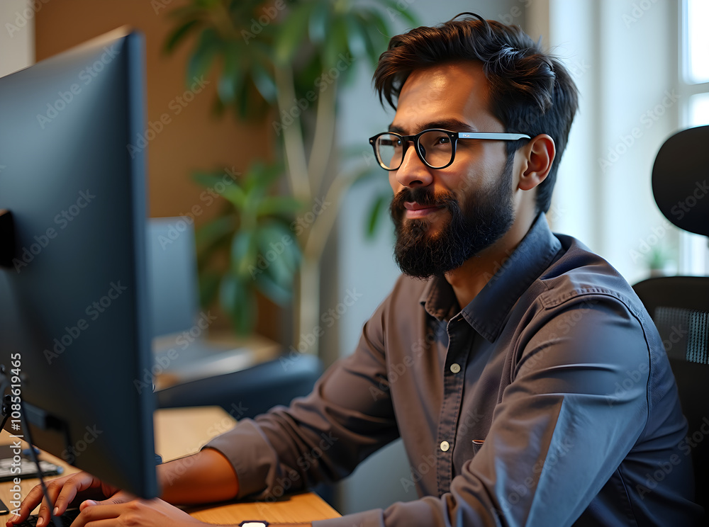 Poster a middle-aged indian male software developer sits at his desk working on a computer, displaying focu