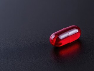 Close-up of a Shiny Red Gel Capsule Health and Wellness Product Dark Background Macro Perspective Nutritional Concept
