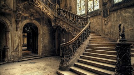 Fototapeta premium Elegant Gothic Revival Staircase with Iron Railing