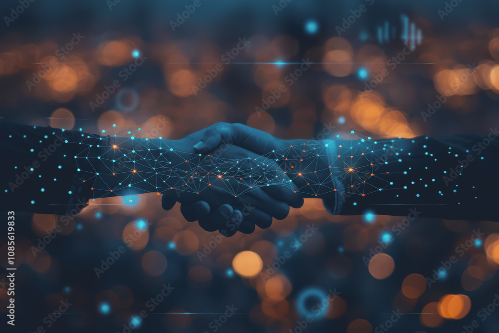 Poster two businessmen shaking hands with digital technology network connection background with success.
