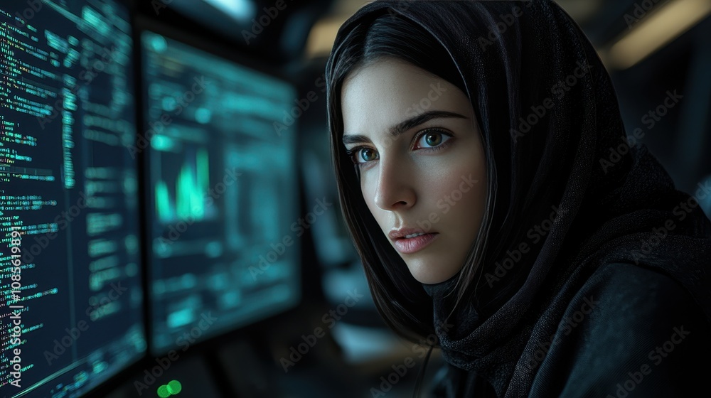 Aufkleber a young woman wearing a hijab focuses intently on multiple computer screens filled with data and gra