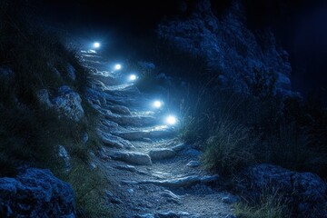 Obraz premium Illuminated stone pathway through a dark landscape.