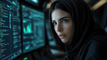A young woman wearing a hijab focuses intently on multiple computer screens filled with data and graphics in a modern, dimly lit setting during nighttime work