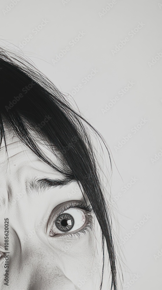 Poster a close-up of a person's face showing a fearful expression with intense eyes.