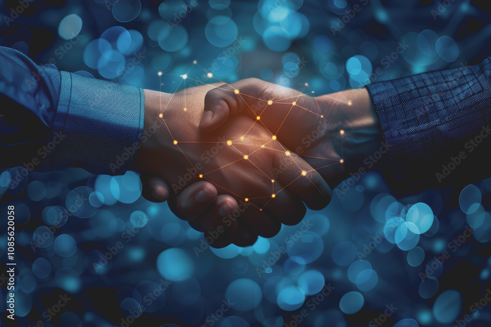 Poster two businessmen shaking hands with digital technology network connection background with success.