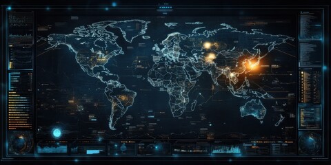 Digital world map with dynamic chart overlays and glowing data points, cyber global theme,
