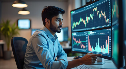 A young indian data analyst works intently on financial charts displayed on multiple screens in a modern office environment