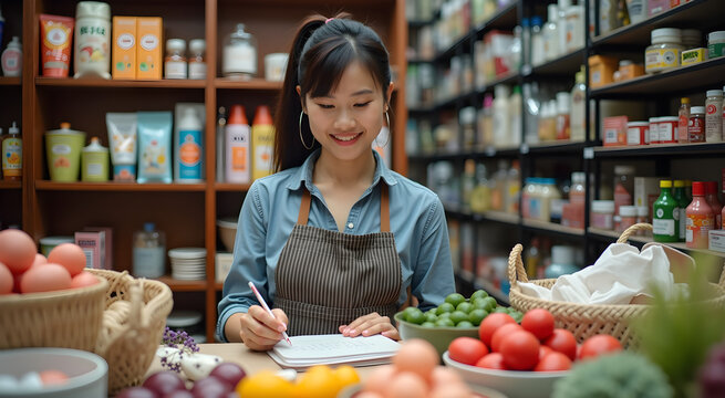 A chinese female shopkeeper organizes goods in her store, smiling as she takes notes, surrounded by fresh produce and shelves of products
