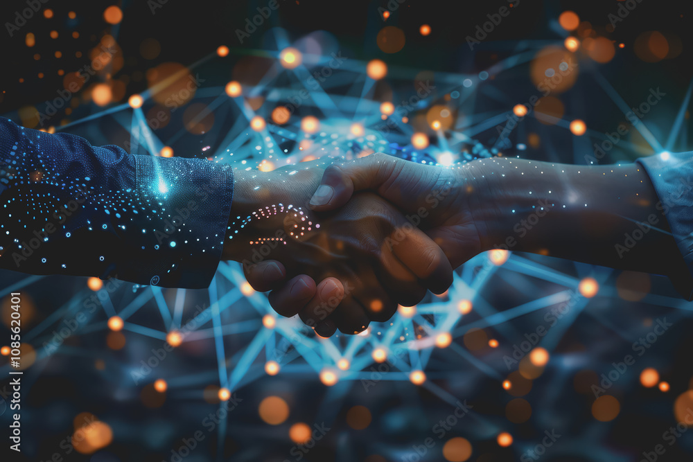 Poster two businessmen shaking hands with digital technology network connection background with success.