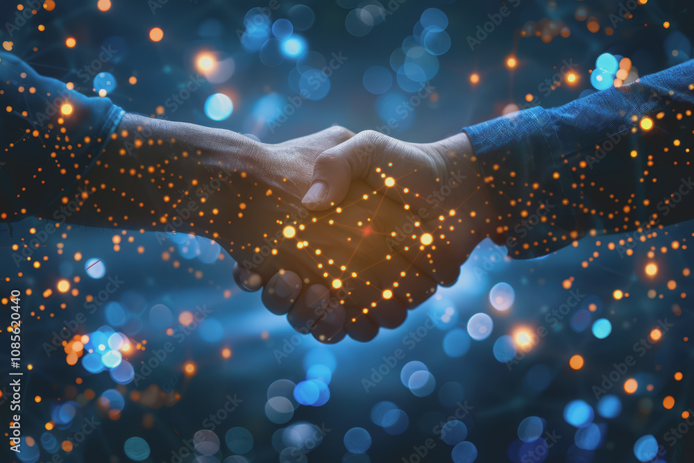 Poster two businessmen shaking hands with digital technology network connection background with success.