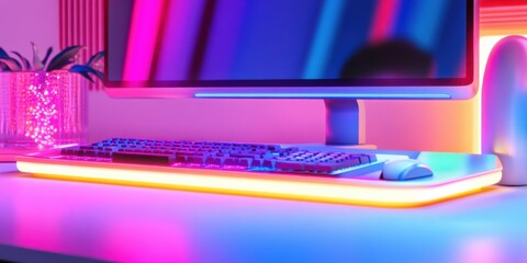 Obraz premium Dynamic desk setup featuring a monitor light bar and futuristic keyboard, vibrant colors,