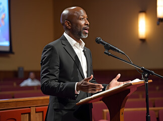 A senior Black male pastor delivers an inspiring sermon in a church setting, passionately engaging with the congregation as he speaks from a podium