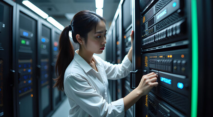 A korean female it specialist is fixing a server rack while focused and determined in a data center environment