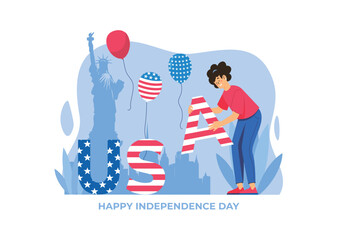 A festive illustration depicting a person decorating the word USA with stars and stripes alongside balloons and the Statue of Liberty. Vector illustration