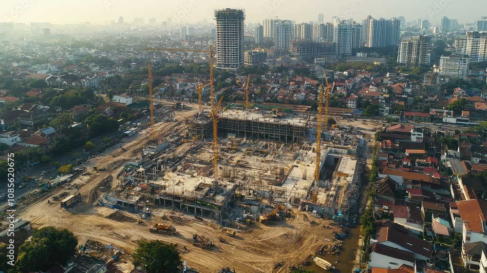 Poster aerial view of large construction project in progress