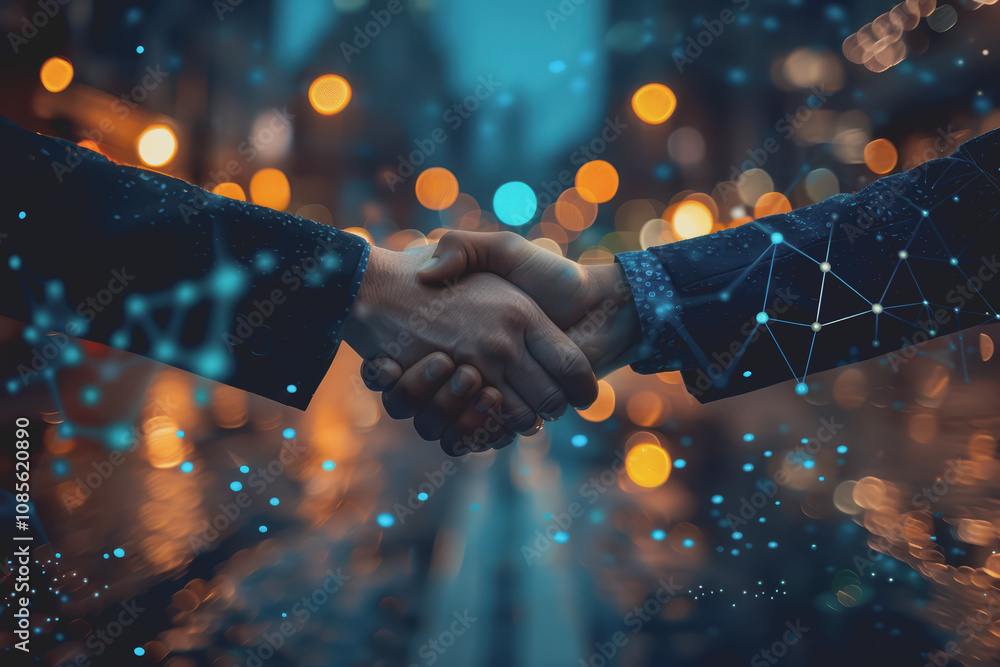 Poster two businessmen shaking hands with digital technology network connection background with success.