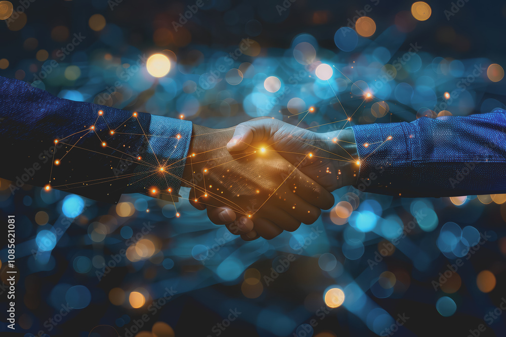 Poster two businessmen shaking hands with digital technology network connection background with success.