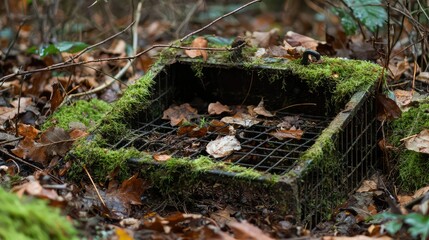 Obraz premium Abandoned Trap Covered in Moss and Leaves