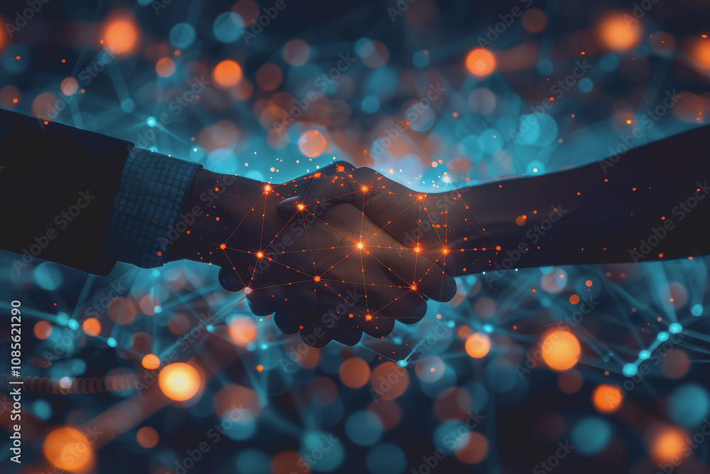 Poster two businessmen shaking hands with digital technology network connection background with success.
